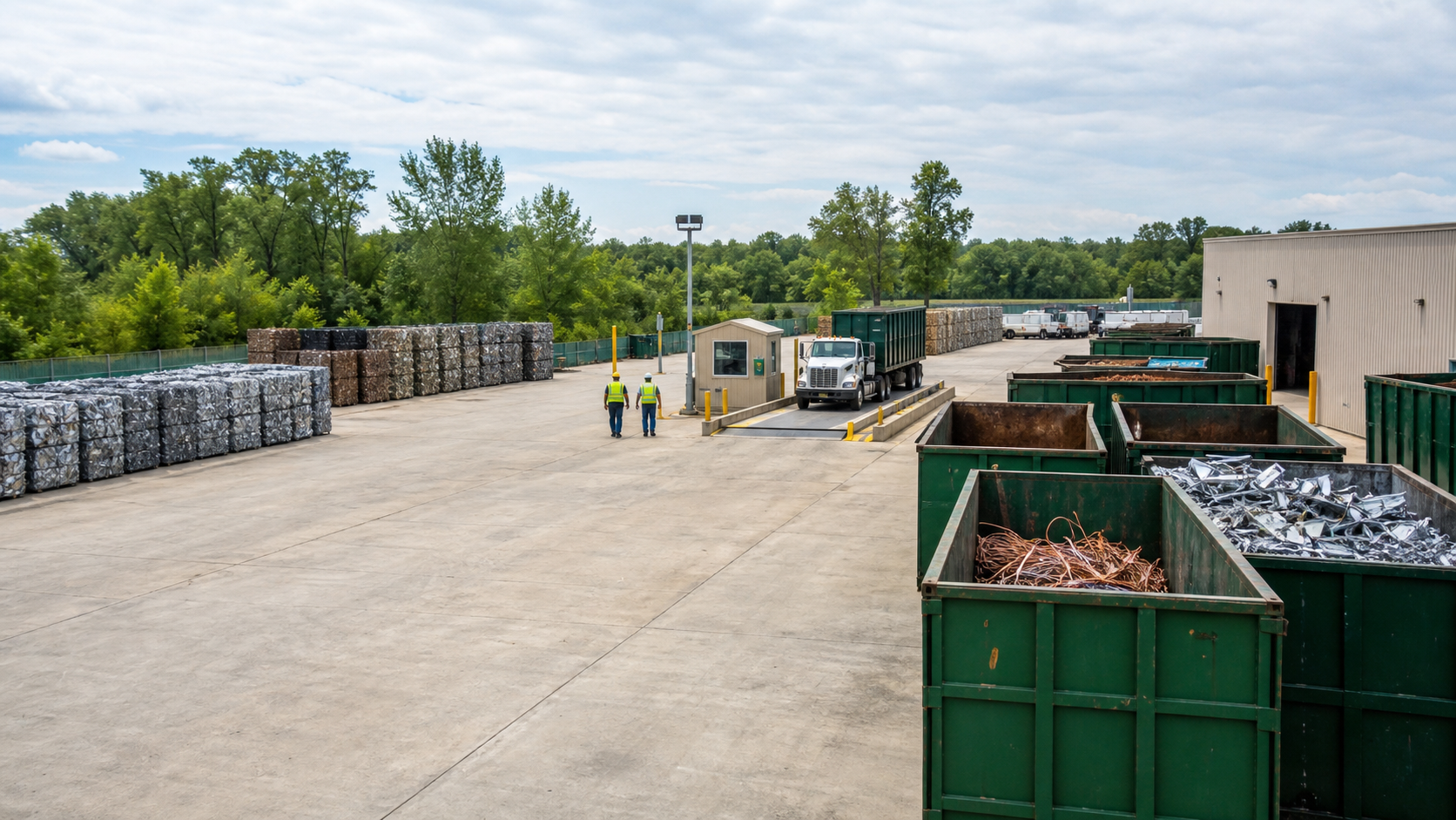 Organized recycling yard with roll-off containers and scrap metal
